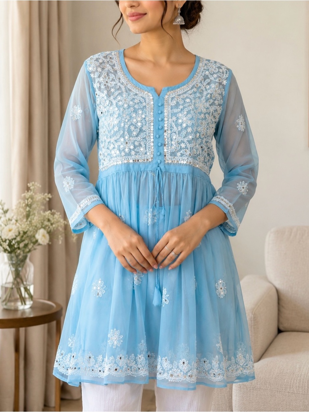 Blue Embroidered Chiffon Tunic top